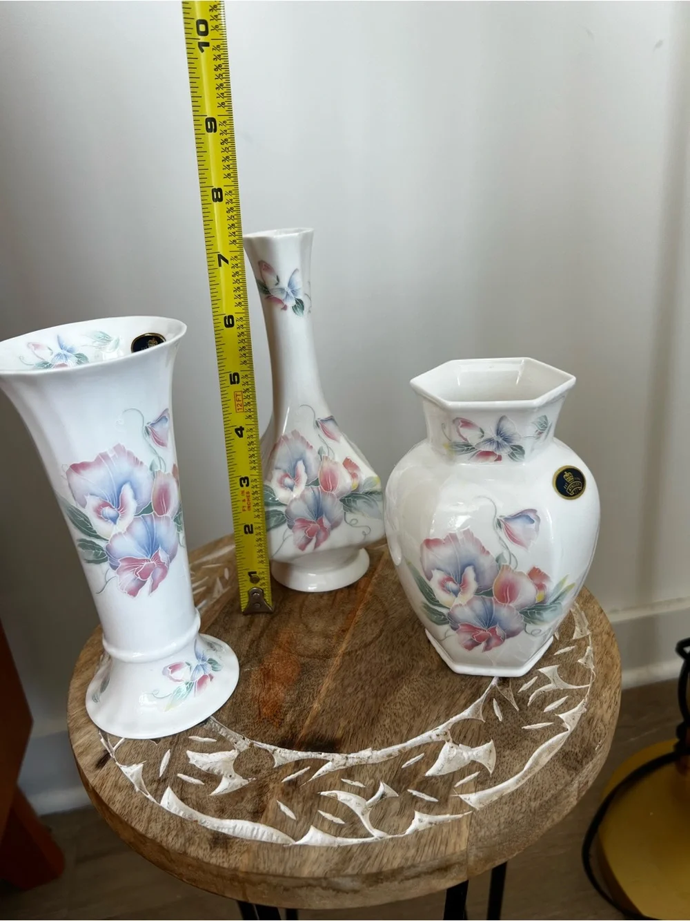 Lot of 3 Aynsley Floral Porcelain Accent Vase - White with Pink & Blue Flowers